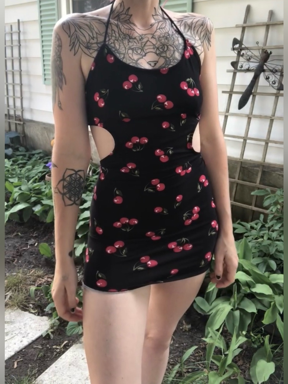Dolls Kill One by One Black Cherry Print Halter Mini Dress XS/S